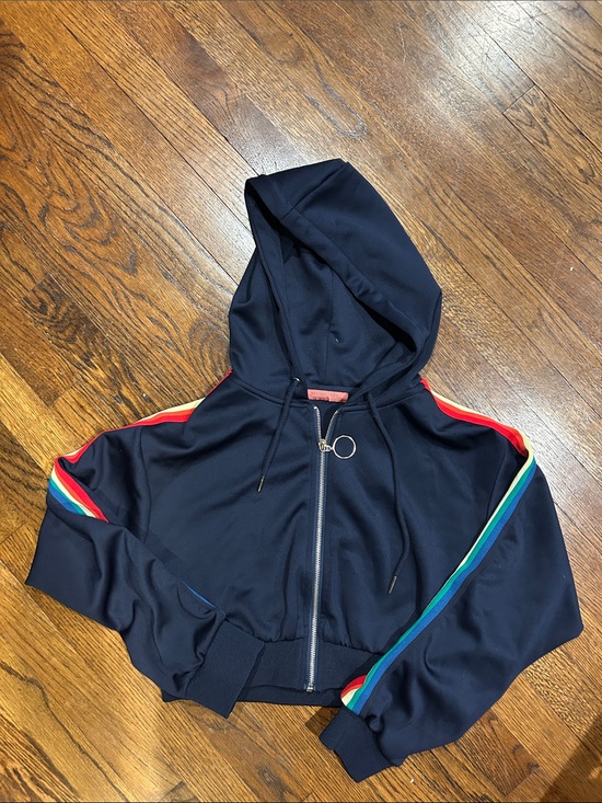 Signature8 Tops - Signature8 Navy Zip Hoodie with Rainbow Sleeve Stripes